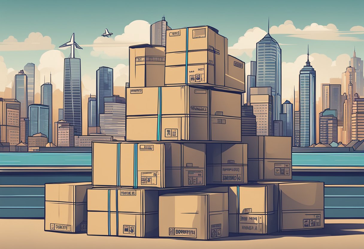 A stack of shipping boxes labeled "Dropshipping Fundamentals" with a futuristic city skyline in the background