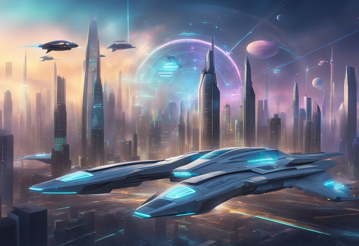 A futuristic city skyline with holographic projections of "Dropship 2024" and strategic planning visuals