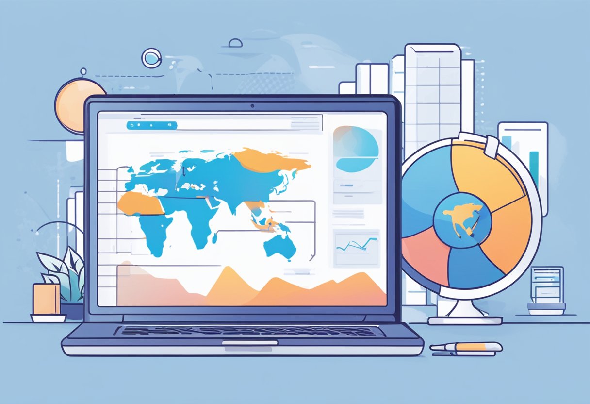 A laptop displaying "Digital Marketing for Dropshipping LEARN TO WORK WITH DROPSHIP IN 2024" with a graph showing increasing sales and a globe in the background