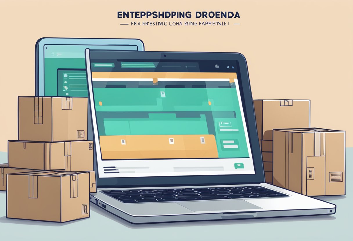 A laptop, a stack of shipping boxes, and a product display with the text "Entendendo o Dropshipping APRENDA COMO TER UMA RENDA FIXA COM DROPSHIP" prominently featured