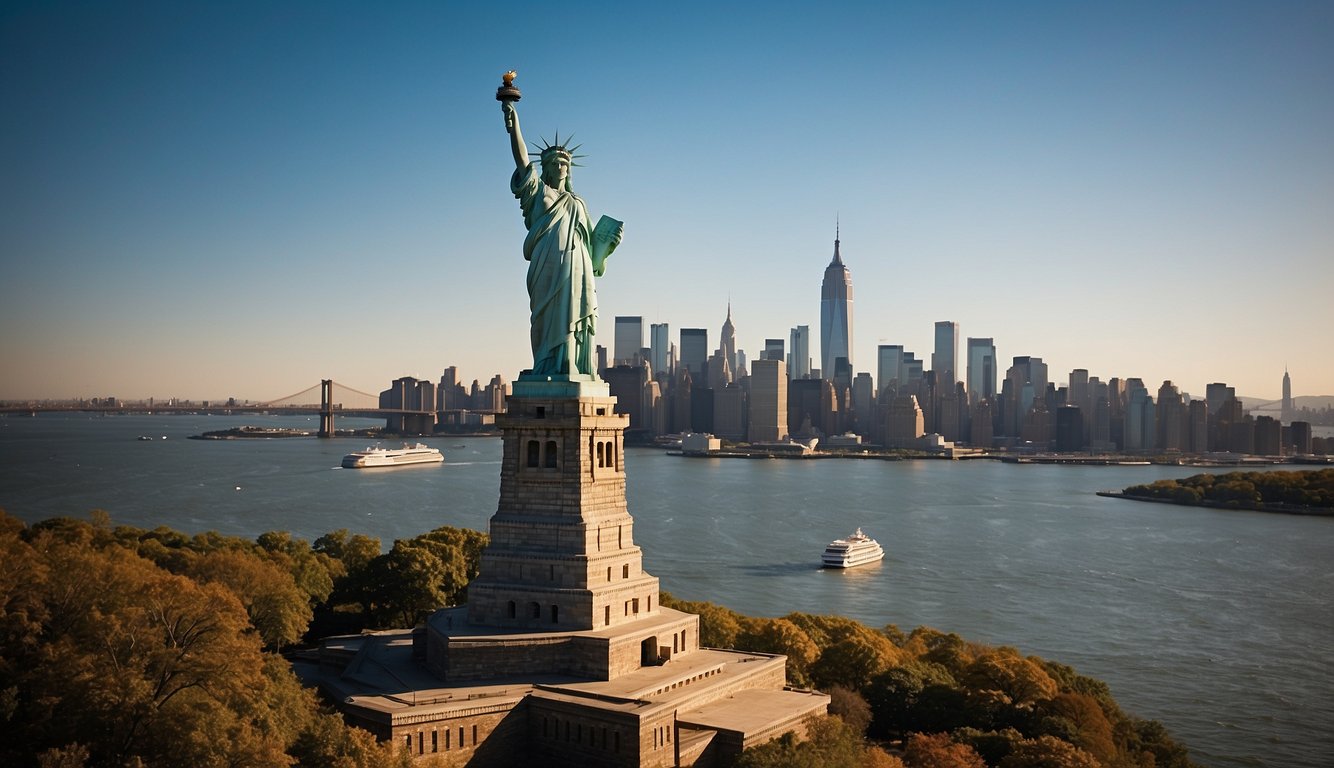 The Statue of Liberty stands tall in New York Harbor, with the Empire State Building and Golden Gate Bridge in the background