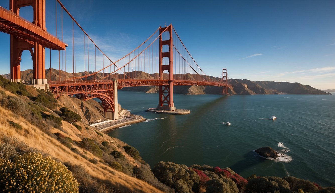 The Golden Gate Bridge spans the bay, with its iconic red towers and sweeping suspension cables. The Statue of Liberty stands tall, holding her torch aloft. The Grand Canyon stretches out in all its natural wonder