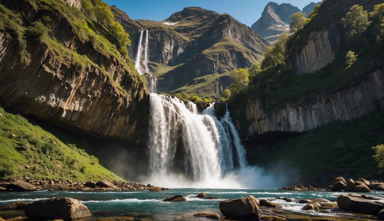 A majestic waterfall cascades down rocky cliffs in a lush national park, with towering mountains and a clear blue sky in the background