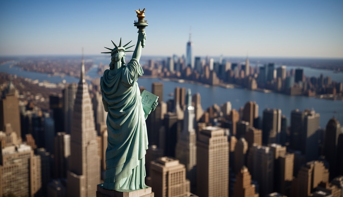 The Statue of Liberty stands tall against the New York City skyline, while the Grand Canyon's vast expanse stretches out beneath a bright blue sky