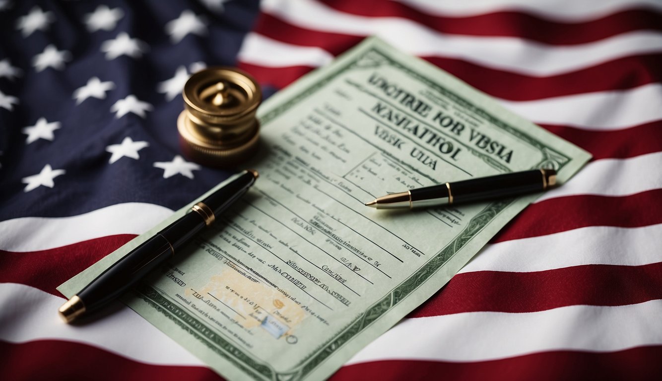 A USA travel visa form being filled out with a pen on a desk with a map of the United States in the background