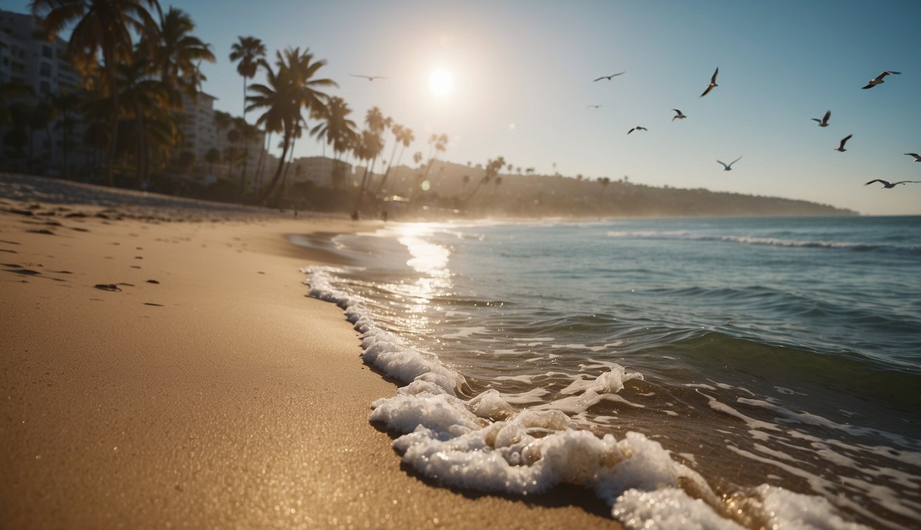 Golden sand stretches along the coastline, meeting the crystal blue waters of the Pacific Ocean. Palm trees sway gently in the warm breeze, while seagulls soar overhead