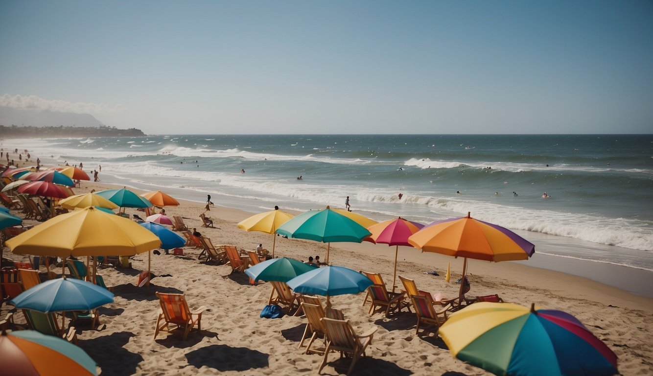 Sandy shores stretch along the coast, framed by crashing waves and colorful umbrellas. Seagulls soar overhead as families play in the surf