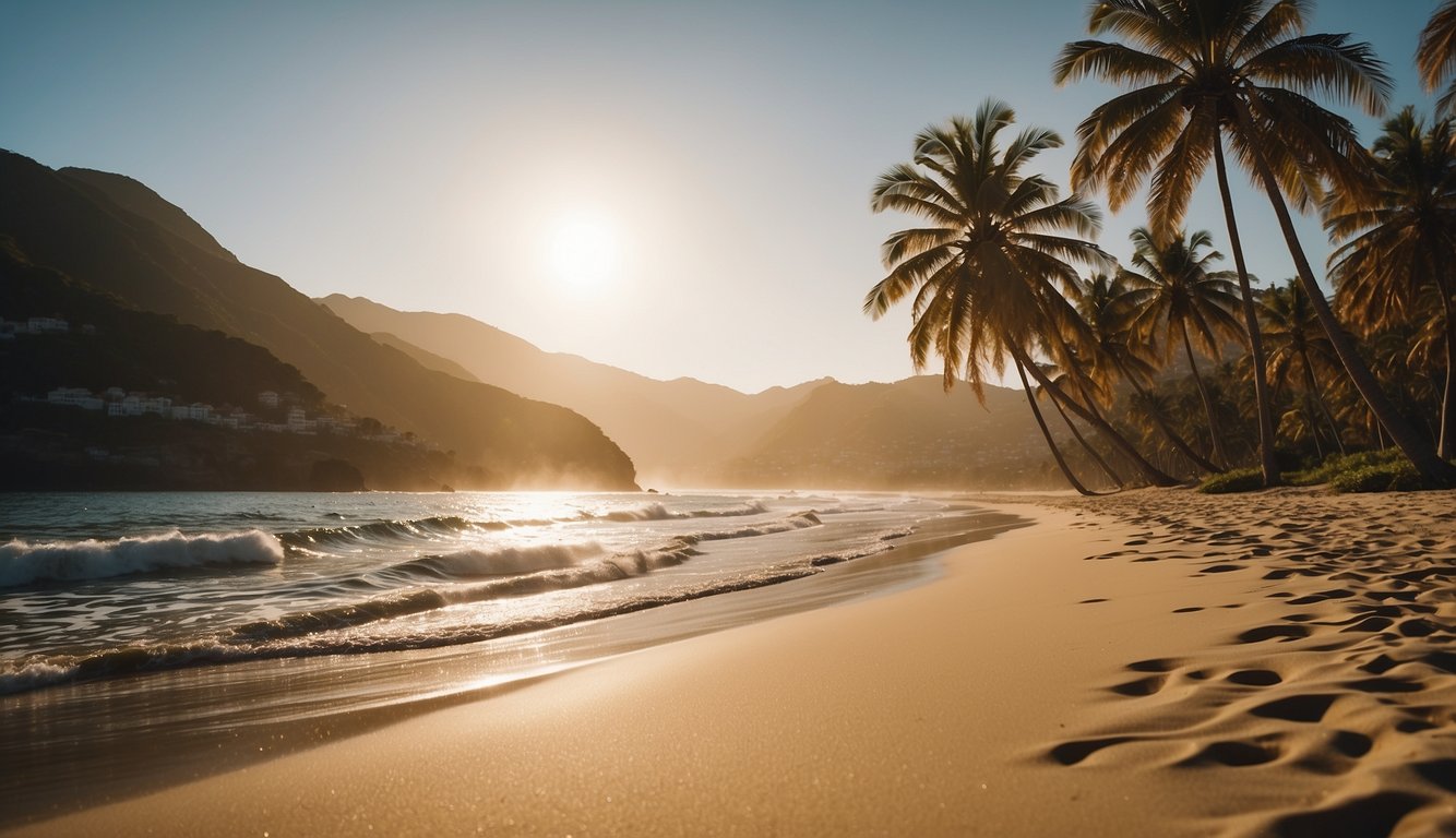 Golden sand stretches along the coast, kissed by the gentle waves of the Pacific Ocean. Palm trees sway in the warm breeze, framing the picturesque scene