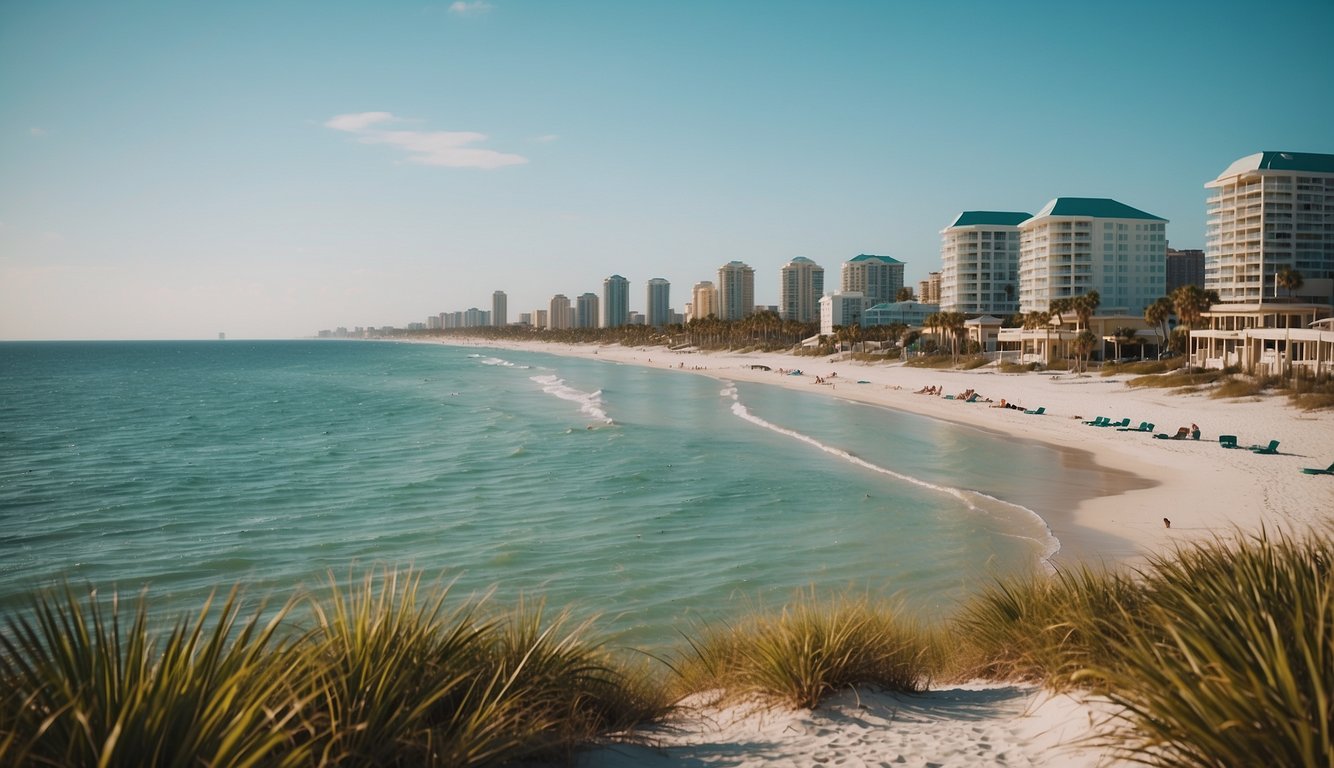 Sandy shores, turquoise waters, palm trees, and seagulls at Gulf Coast beaches