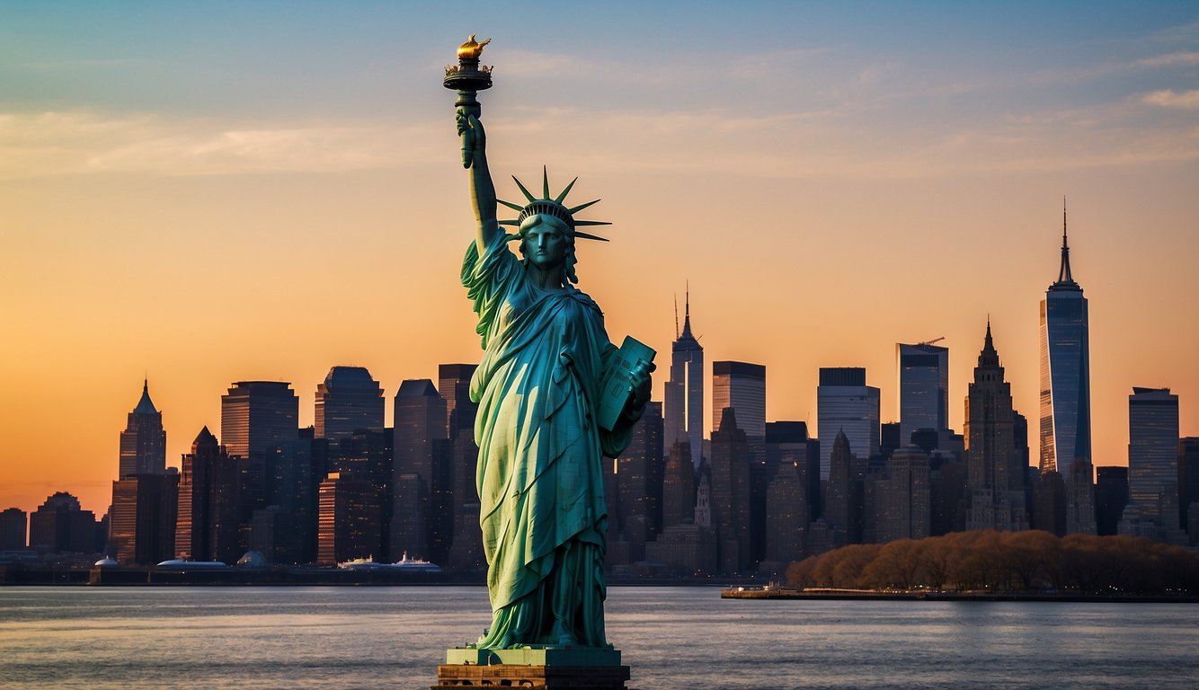 The Statue of Liberty stands tall on Liberty Island, with Ellis Island in the background and the Manhattan skyline in the distance