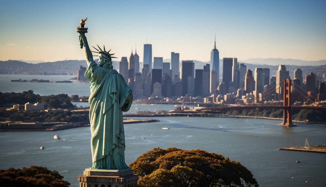 The Statue of Liberty stands tall against the New York City skyline, while the Golden Gate Bridge stretches across the San Francisco Bay