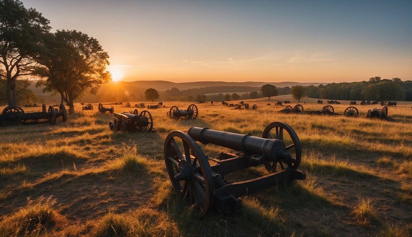 The sun sets over a vast, open field scattered with remnants of old cannons and trenches, surrounded by rolling hills and distant forests