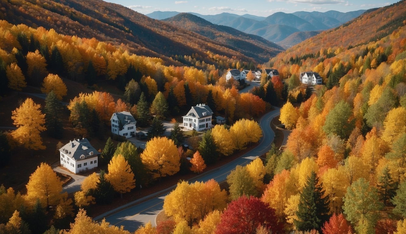 A scenic view of a winding road leading through colorful autumn trees, with a charming small town nestled in the valley below