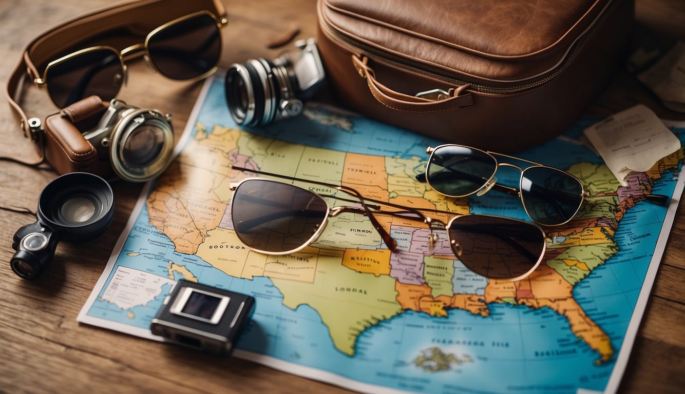 A map of the USA with travel essentials scattered around it - passport, camera, sunglasses, guidebook, and a suitcase