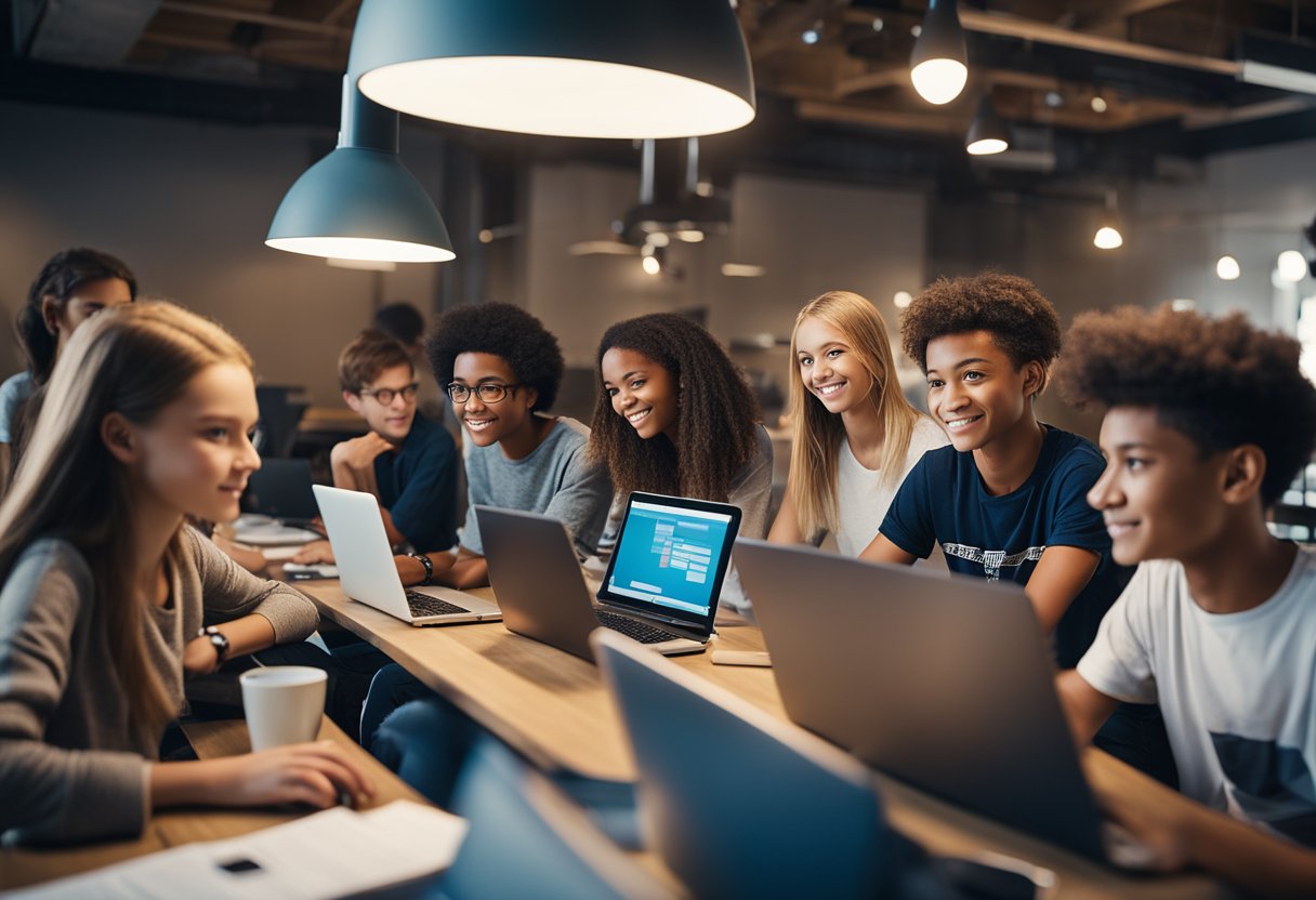 A group of young entrepreneurs, aged 13, working on digital marketing, with laptops and brainstorming, changing their lives