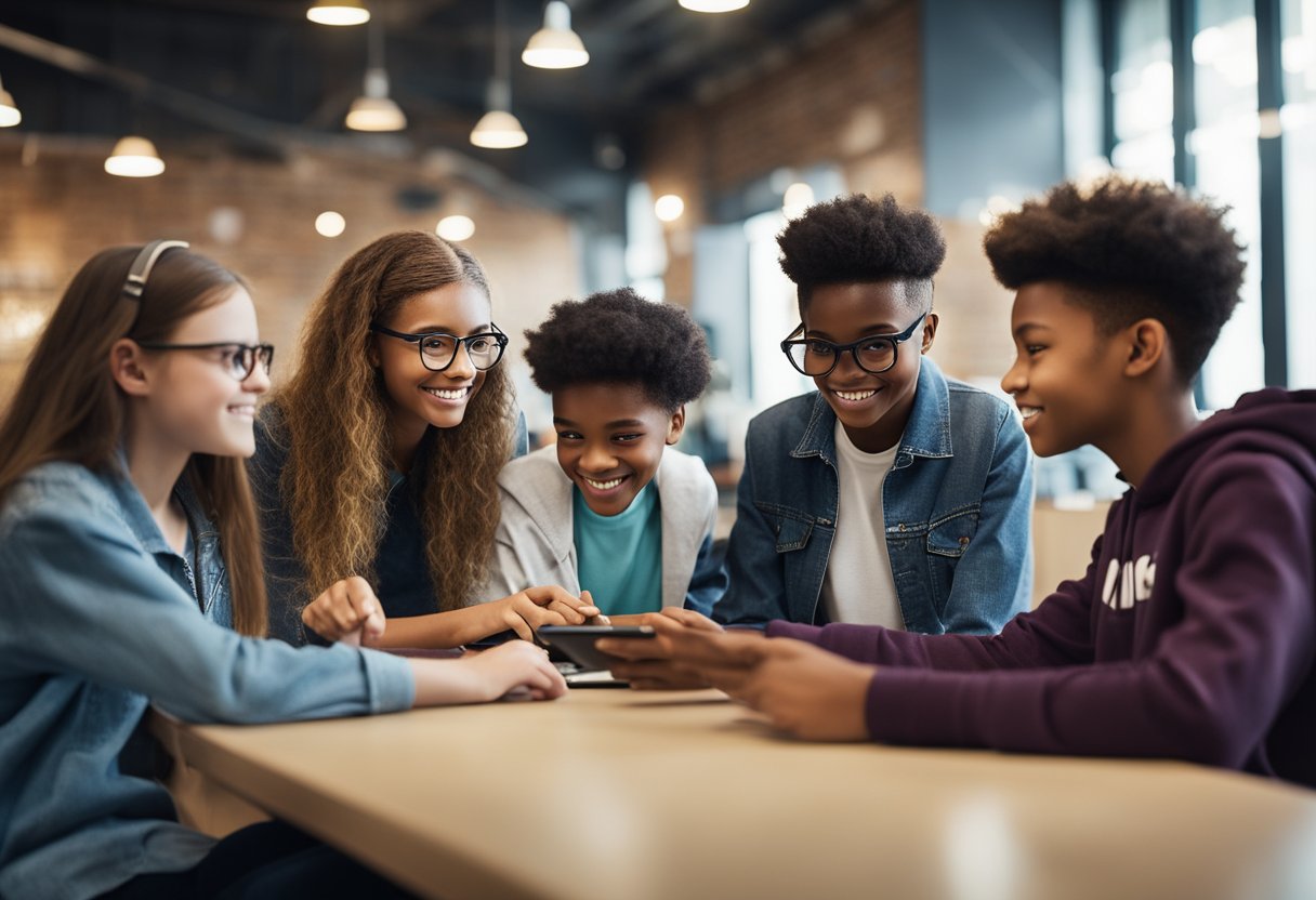 A group of 13-year-olds engaging with digital marketing tools and resources, eager to learn and adapt to the changing landscape