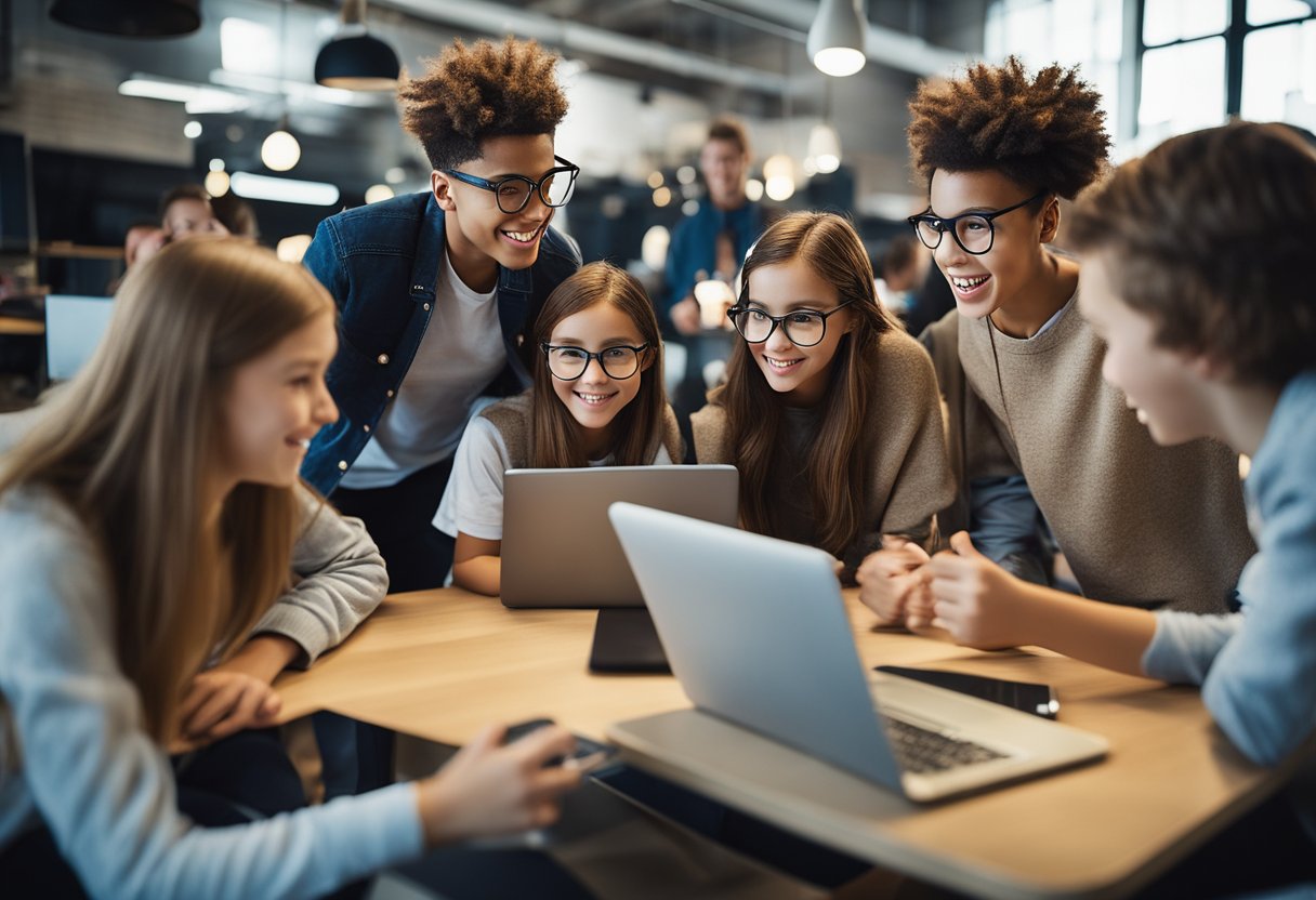 A group of 13-year-olds engaging with digital marketing, surrounded by laptops, tablets, and smartphones, with a sense of excitement and curiosity in the air