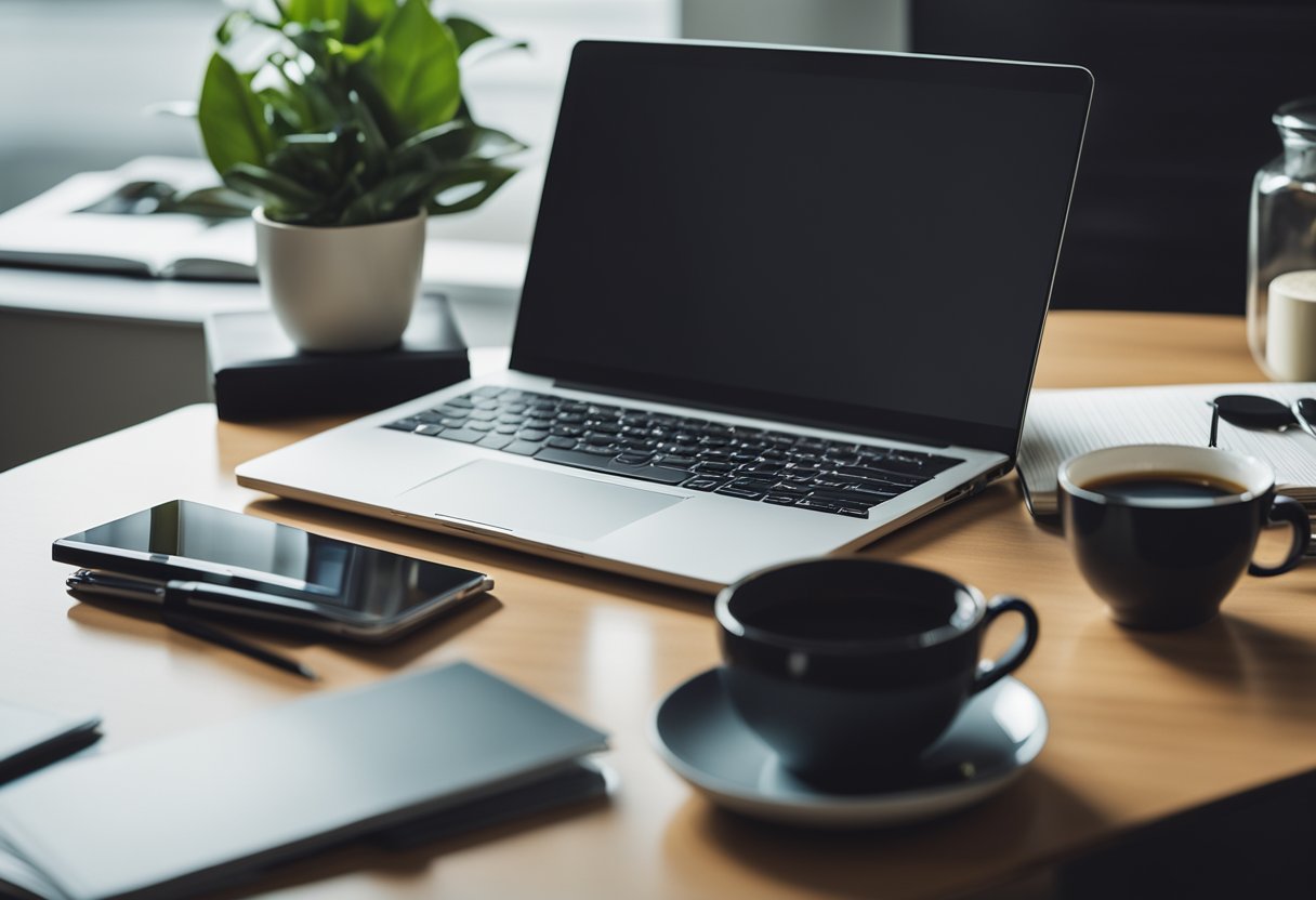 A laptop on a desk with a notepad and pen, surrounded by digital marketing books and a cup of coffee