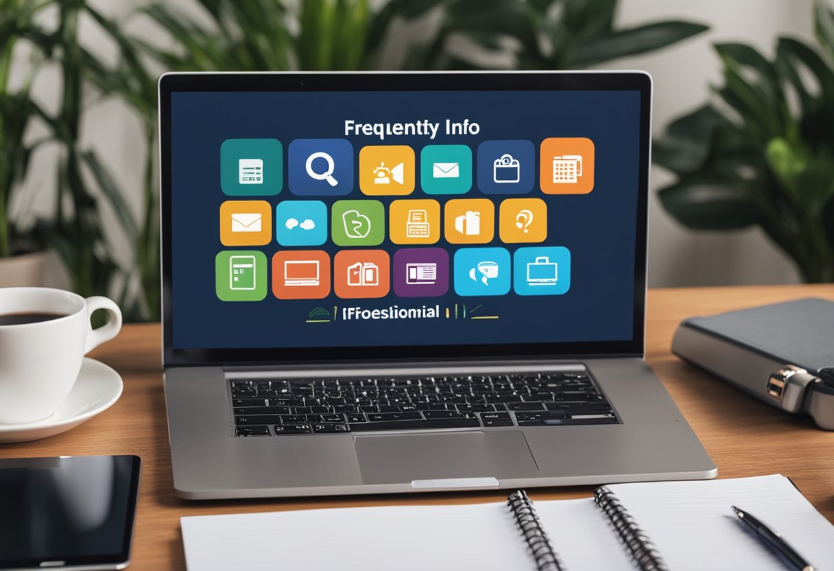 A laptop, smartphone, and notebook on a desk with a "Frequently Asked Questions DICAS PARA VOCÊ INICIAR NO MARKETING DIGITAL" banner in the background