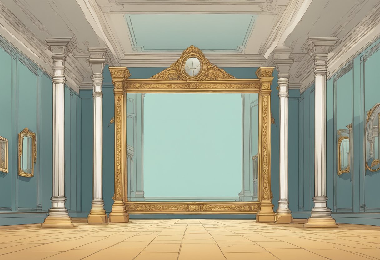 A mirror reflecting various grandiose objects and self-centered imagery, surrounded by empty pedestals and a lack of genuine human connections