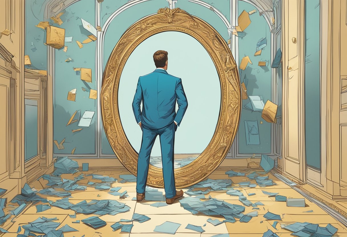 A mirror reflects a grandiose figure admiring themselves, surrounded by symbols of success and admiration. A trail of broken relationships and lack of empathy is evident