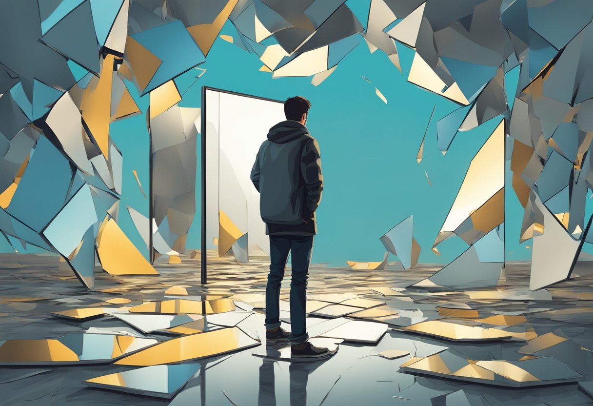 A mirror shattering into pieces, reflecting a distorted image. A person standing alone, surrounded by broken relationships and a sense of isolation