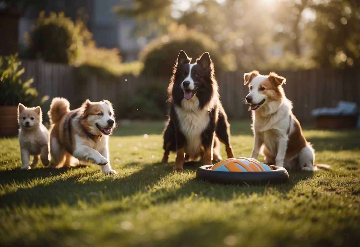 Several dogs playing peacefully in a spacious, fenced-in yard. Toys and water bowls are scattered around, and a person is supervising from a distance