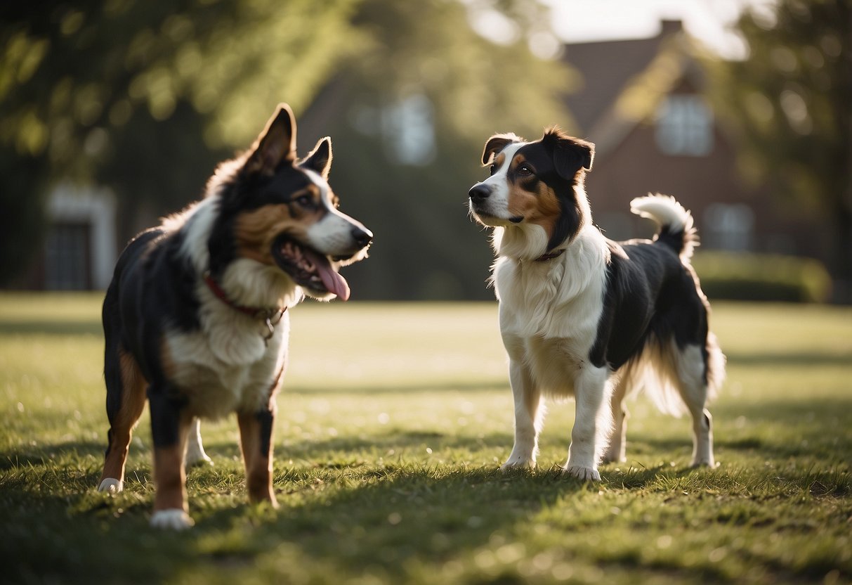 Dogs sniffing and wagging tails in a calm, open space. One dog approaches cautiously, while others observe with curiosity