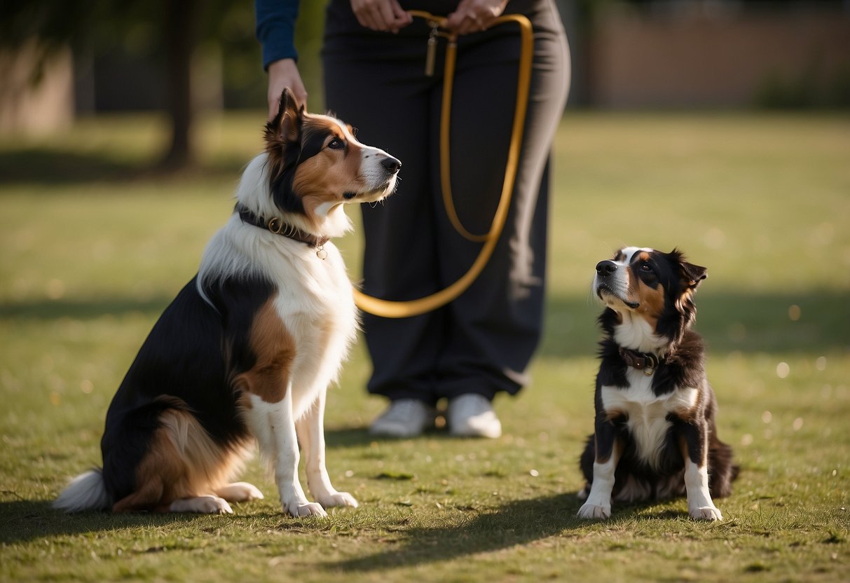 Multiple dogs engage in obedience training, performing commands in unison. One dog sits, another lies down, while a third stays. The trainer stands nearby, offering treats as rewards