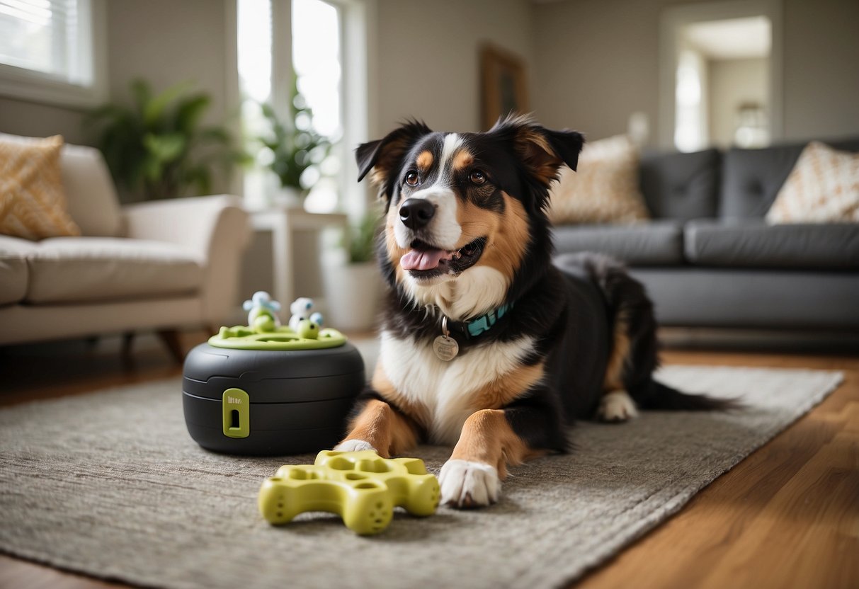 Multiple dogs in a spacious, organized home setting. Training equipment, such as leashes and treats, are neatly arranged. A variety of toys and comfortable resting areas are available for the dogs