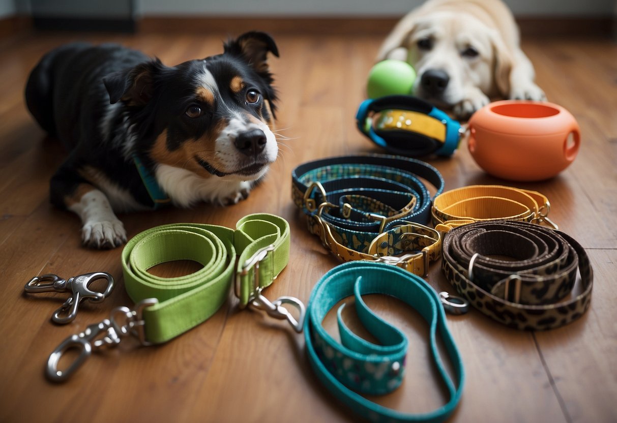 A variety of leashes, collars, and treats are scattered on the floor. Multiple dogs are engaged in obedience training using positive reinforcement techniques