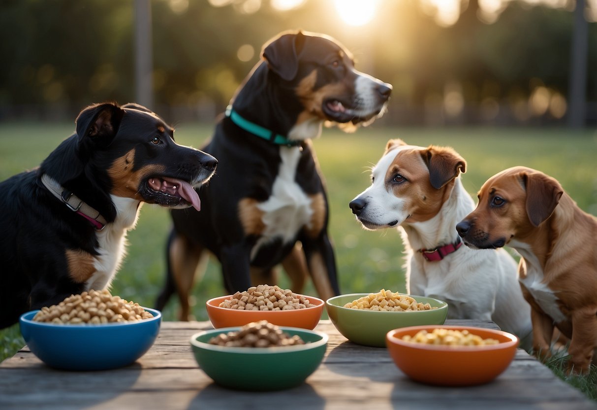 Several dogs eating from individual bowls, while a trainer observes and adjusts portion sizes