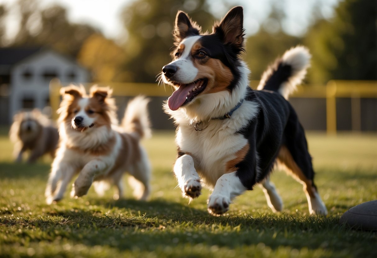 Multiple dogs engaged in obedience exercises, agility training, and socialization in a spacious backyard with various obstacles and equipment