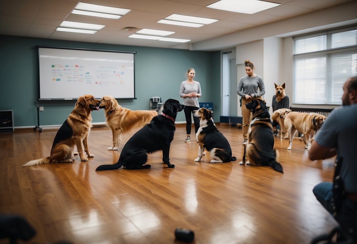 Multiple dogs engaged in training exercises, supervised by a trainer. Various equipment and tools are scattered around the room. A whiteboard displays training techniques and progress charts