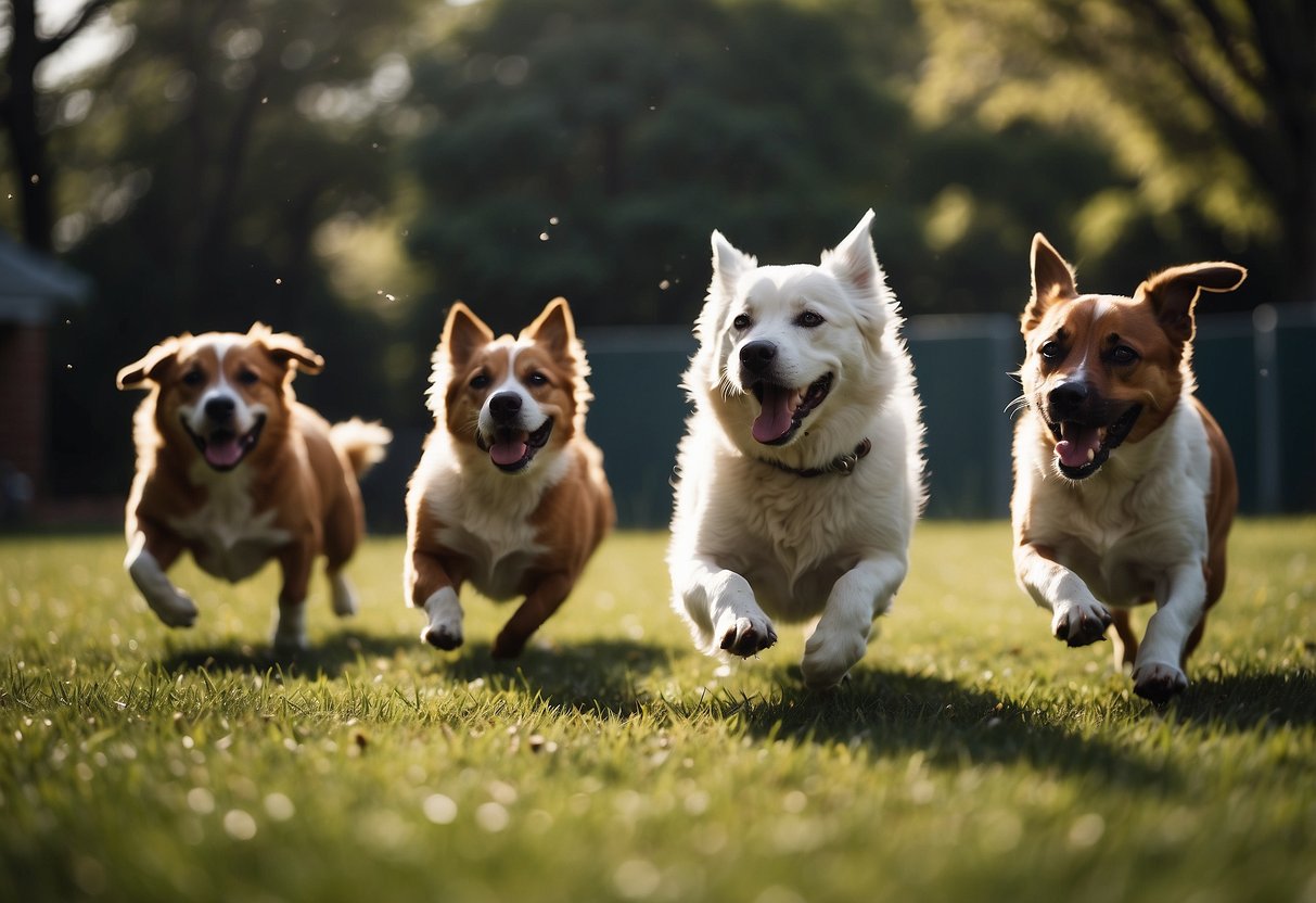 Several dogs playing together in a spacious backyard, chasing each other, fetching toys, and wrestling happily. Some are running around, while others are rolling on the grass