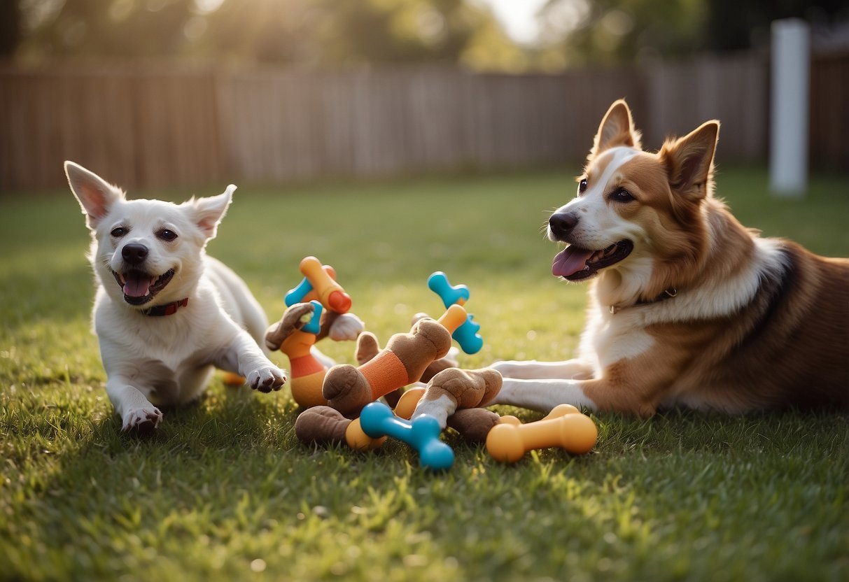 Multiple dogs playing with various toys in a spacious backyard. Some are running around, others are wrestling, and a few are calmly chewing on their favorite bones