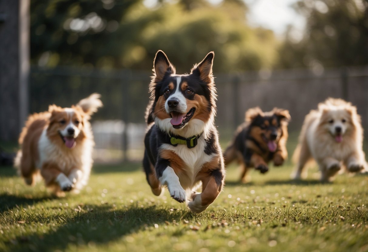 Multiple dogs playing in a spacious, fenced yard with various toys and obstacles. Water and shade are available, and the area is free from hazards