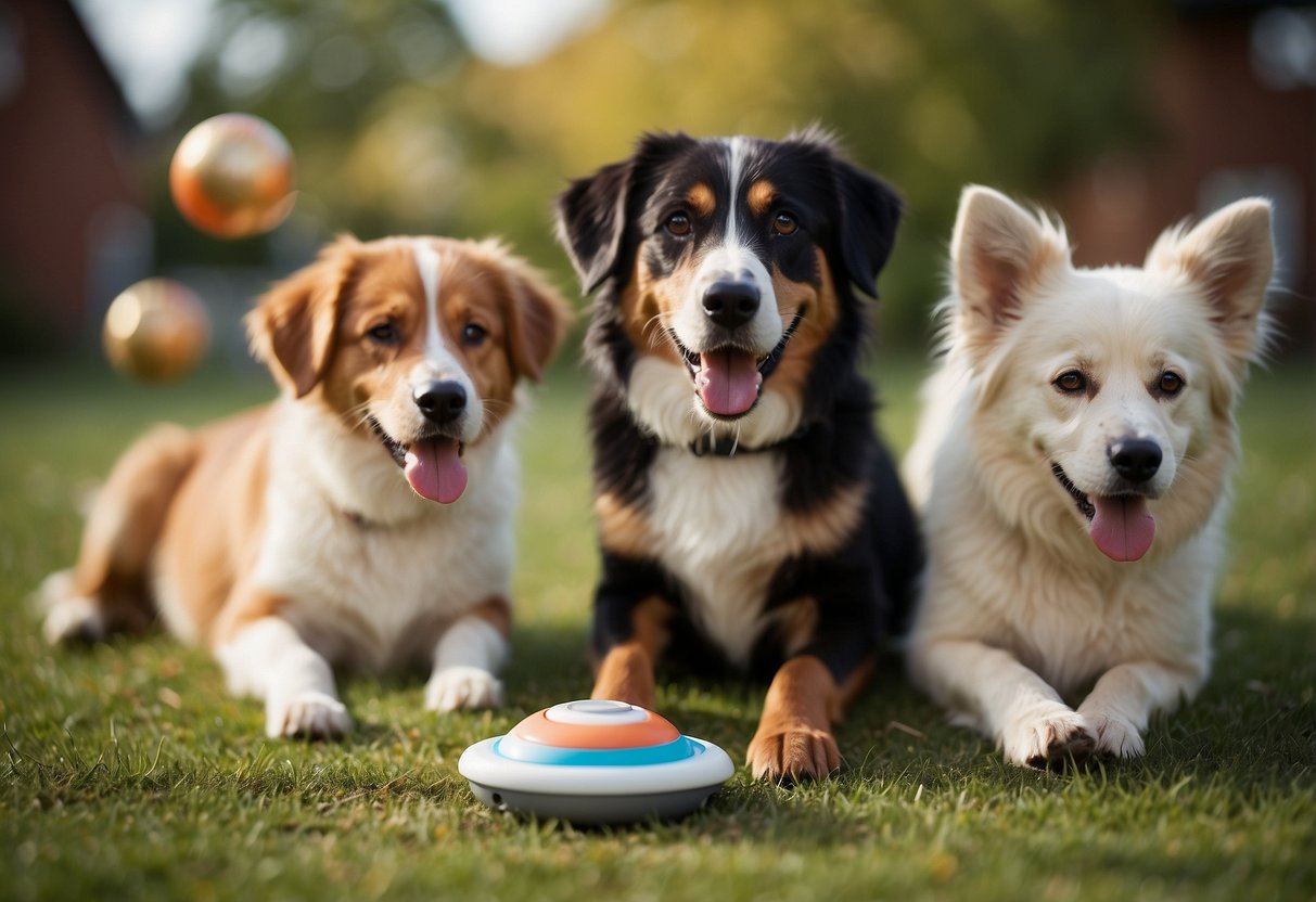 Several dogs playing with interactive toys and engaging in group activities in a spacious, fenced-in yard