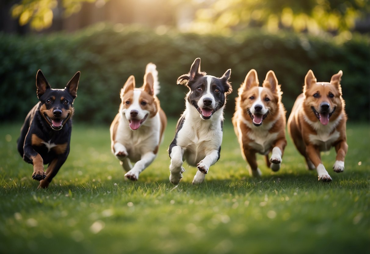 Several dogs running and playing in a spacious, green outdoor area. Some are chasing each other, while others are fetching toys or exploring