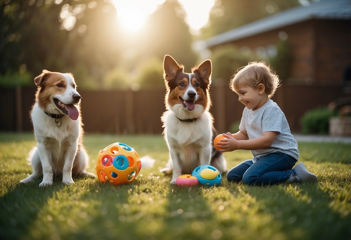 Multiple dogs playing with toys and engaging in various exercises, while a family member looks on with a smile