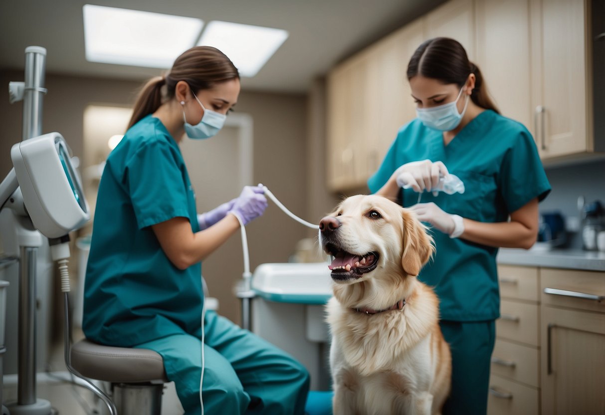 Multiple dogs receiving dental care, exercise, and regular vet check-ups in a clean and organized home environment