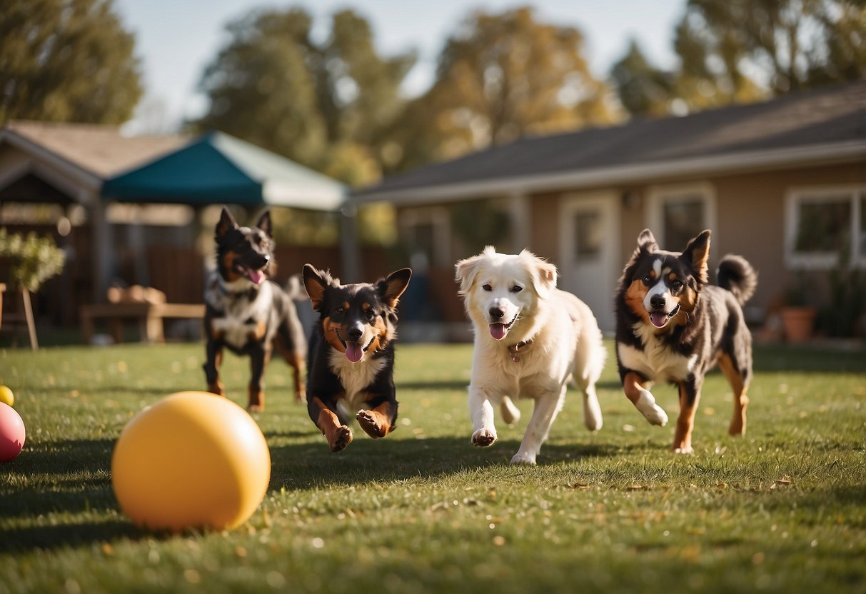 Multiple dogs playing in a spacious backyard, with a variety of toys and water bowls available. A vet's office sign is visible in the background