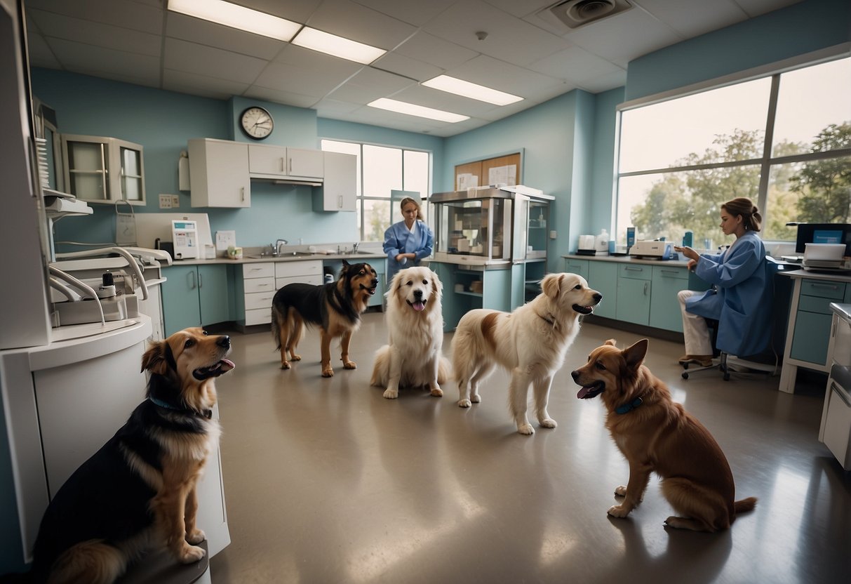 Multiple dogs receiving routine health care at a veterinary clinic. Vaccinations, check-ups, and dental care being administered by a veterinarian