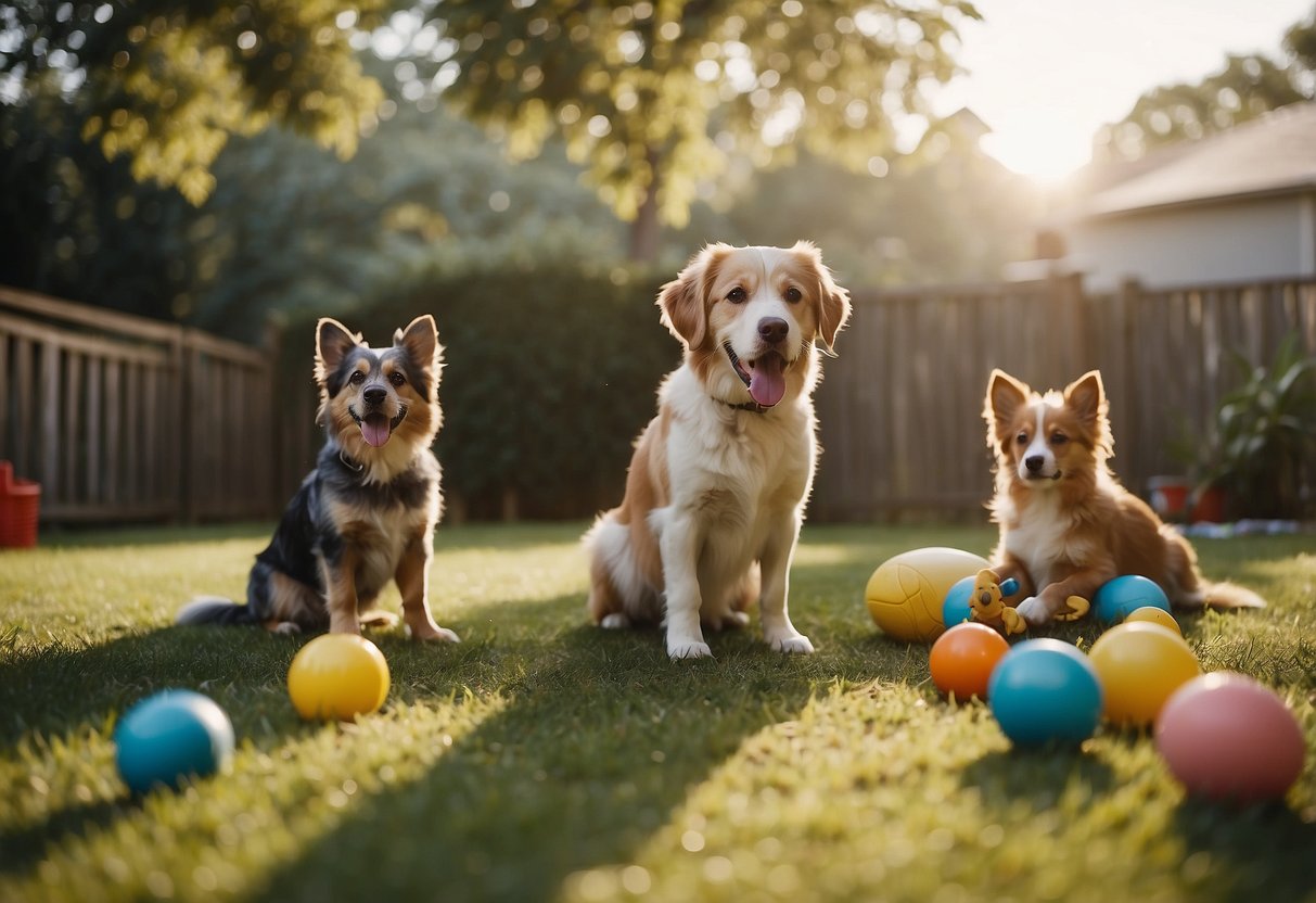 Multiple dogs playing in a spacious backyard, surrounded by toys and enrichment activities. A family member is engaging in mental health exercises with the dogs, promoting a healthy and happy environment