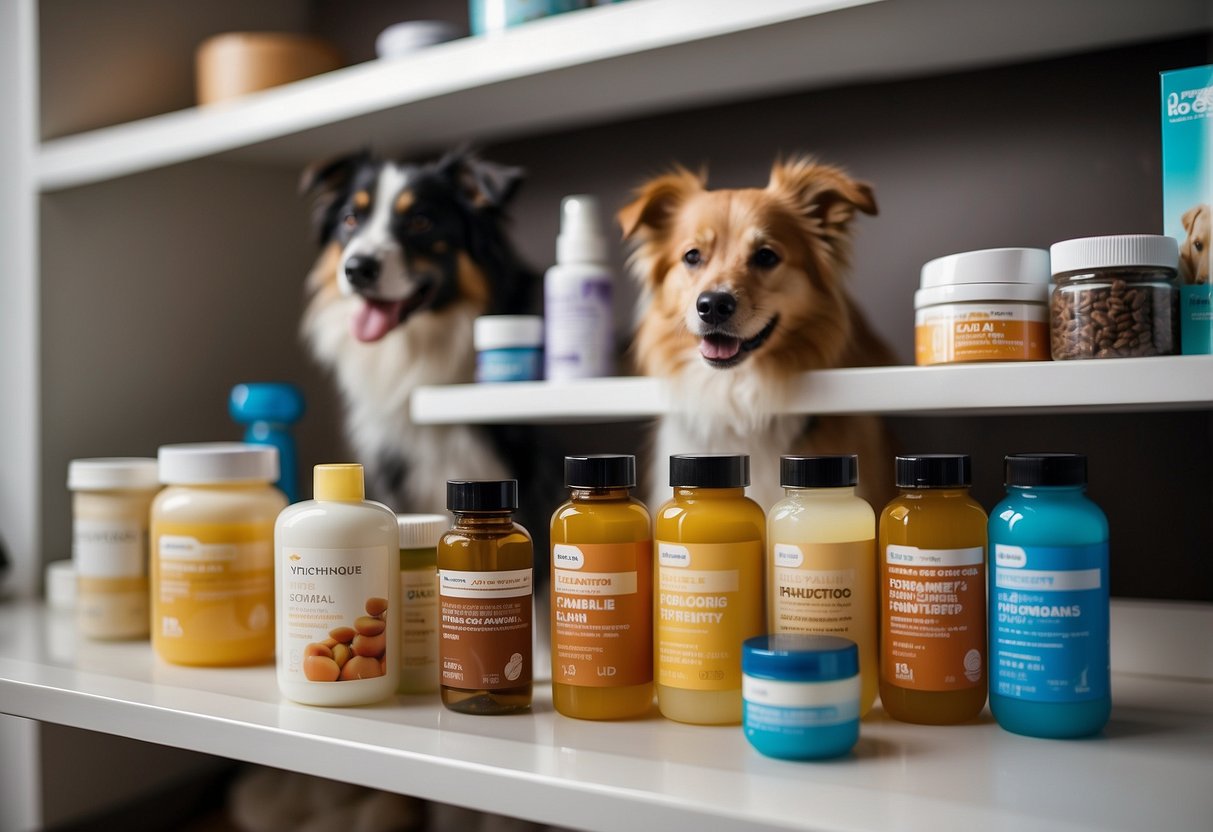 A variety of health care products for dogs are displayed on a shelf. Multiple dogs are shown receiving care from their families