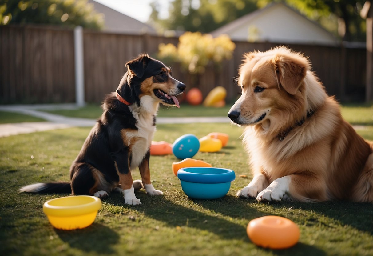 Multiple dogs playing in a spacious backyard, surrounded by a variety of toys and water bowls. A family member is seen petting one of the dogs while another dog looks on eagerly