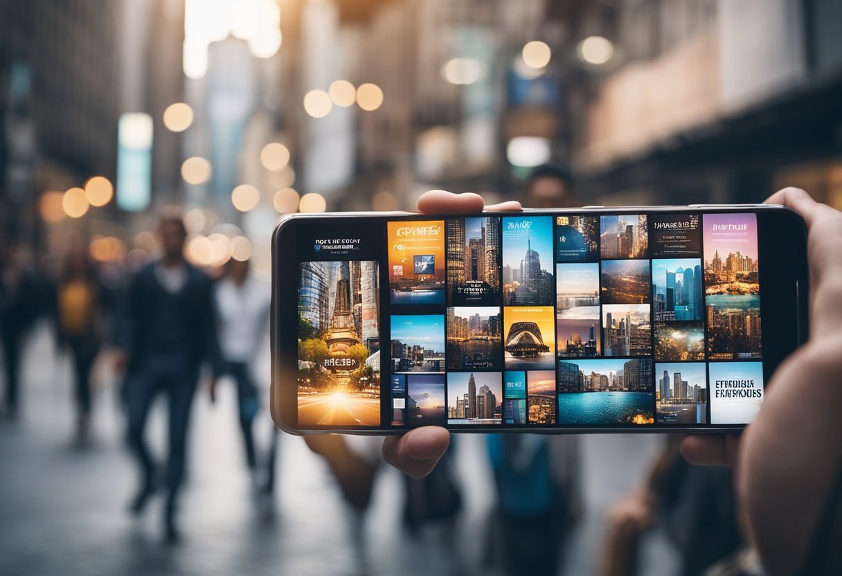 A bustling city street with colorful event posters on display, people walking by, and a smartphone displaying popular event-finding apps