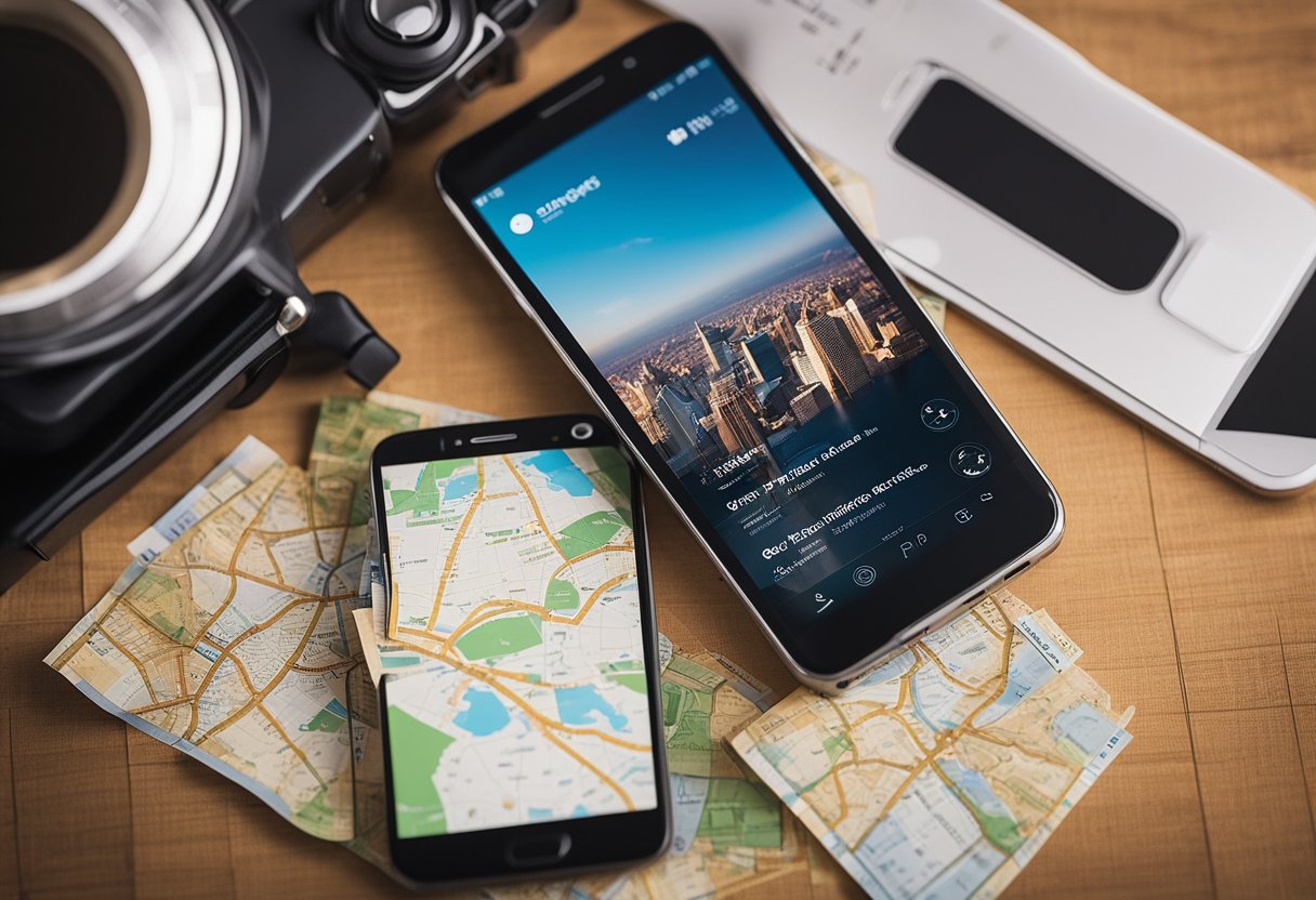 A smartphone with event and activity apps open, surrounded by a map, tickets, and travel essentials