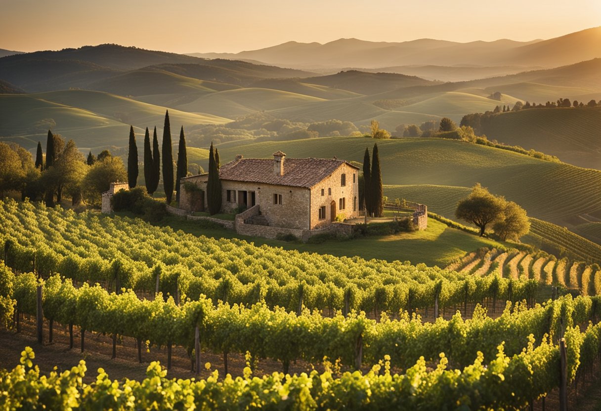 A rustic Tuscan vineyard with rolling hills, rows of grapevines, and a traditional stone farmhouse. The sun sets behind the mountains, casting a warm glow over the picturesque landscape