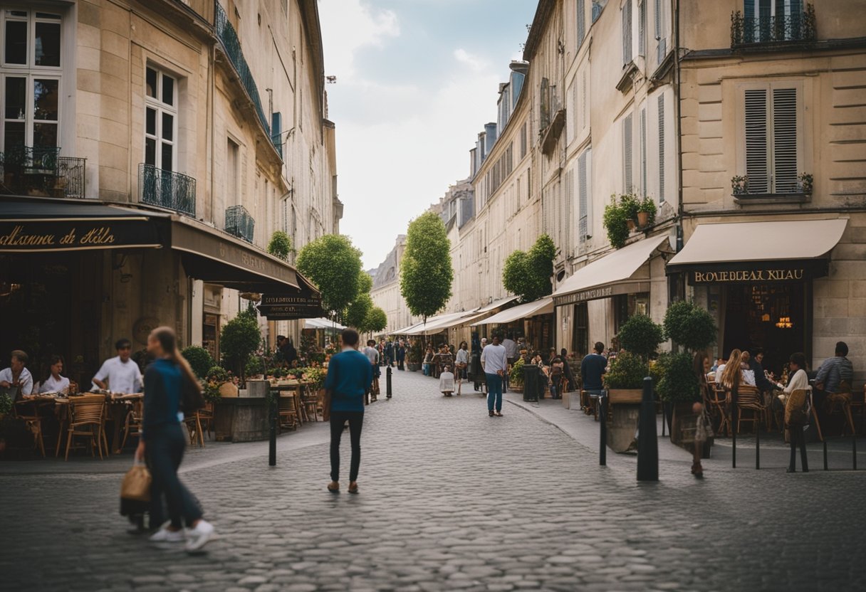 A bustling street in Bordeaux, filled with charming cafes and wine bars, surrounded by lush vineyards and historic chateaus